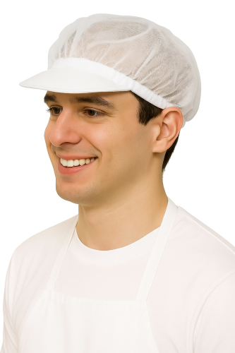Бяла тюлева шапка с твърд козирка