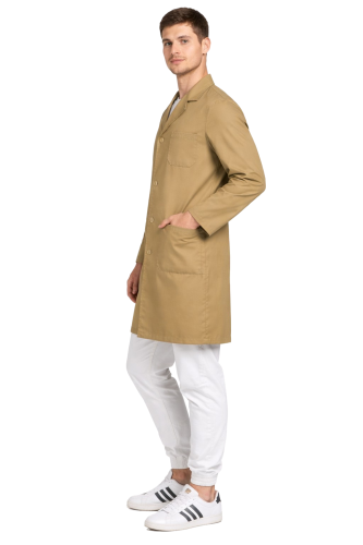 Beżowy fartuch laboratoryjny męski na guziki