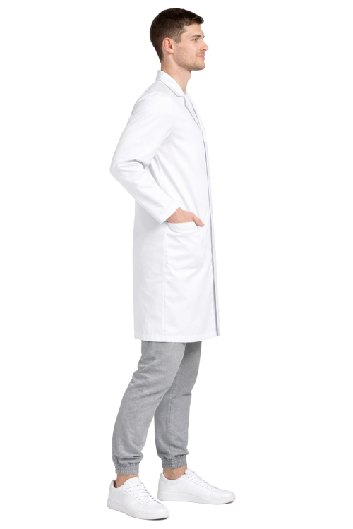Męski fartuch laboratoryjny na guziki w śnieżnobiałym kolorze