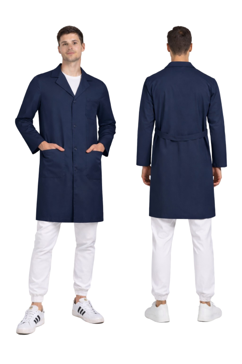 Fartuch męski laboratoryjny na guziki w kolorze granatowym