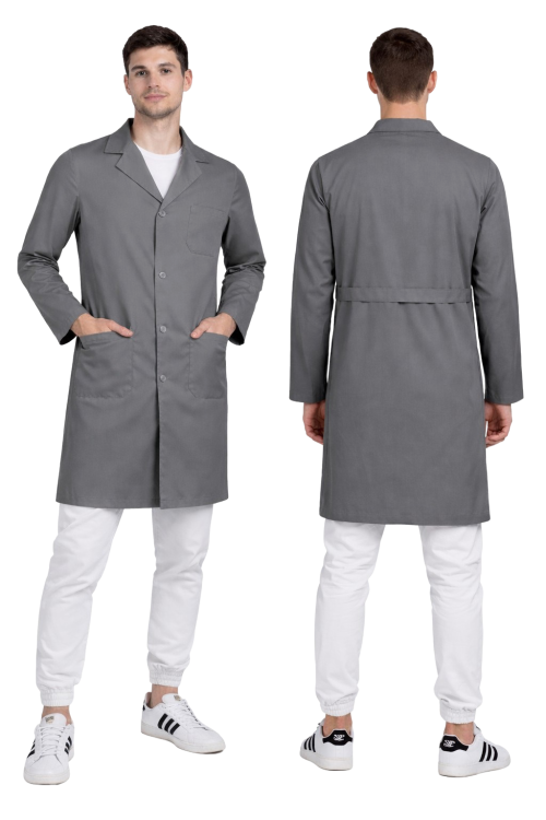 Fartuch męski laboratoryjny na guziki w kolorze szarym