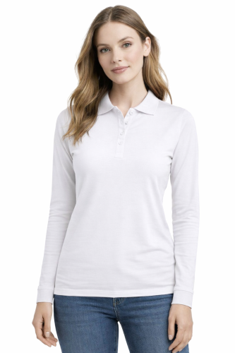 Koszulka polo damska długi rękaw biała przód.png