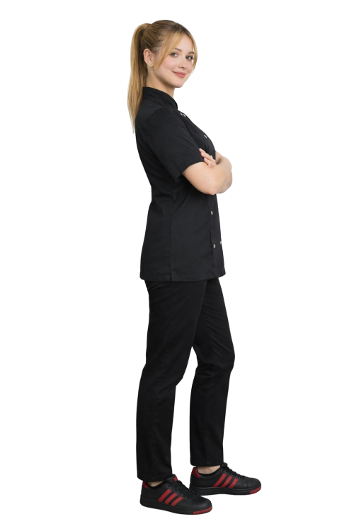 Komplet kucharski czarny  damski z bluzą i spodniami zapinany na napy