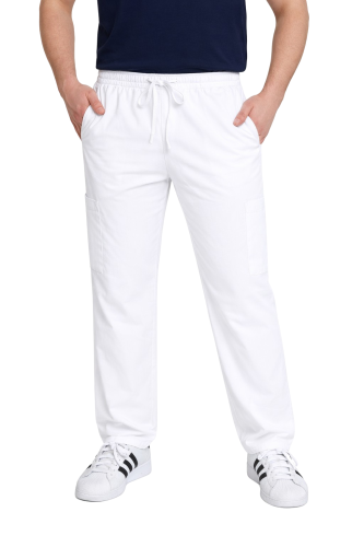 Spodnie medyczne męskie białe BASIC PREMIUM widok z przodu.png