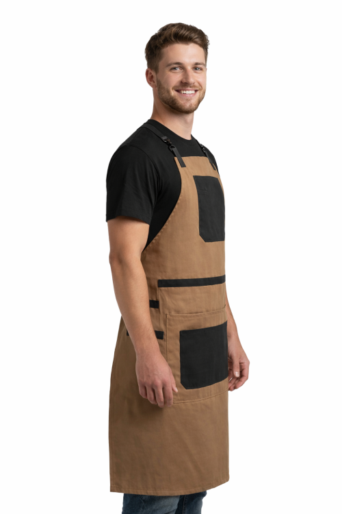 Fartuch baristy grillowy canvas z kieszeniami beżowy z czarnymi dodatkami widok z boku.png