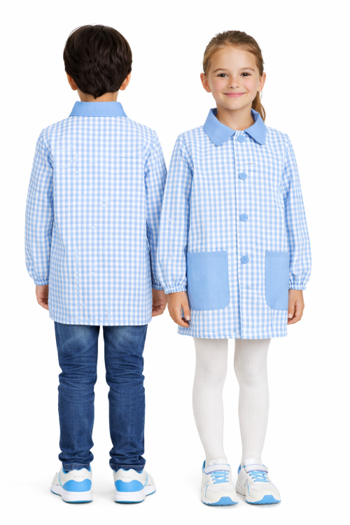 Fartuszek dziecięcy w niebieską kratę zapinany na guziki.png