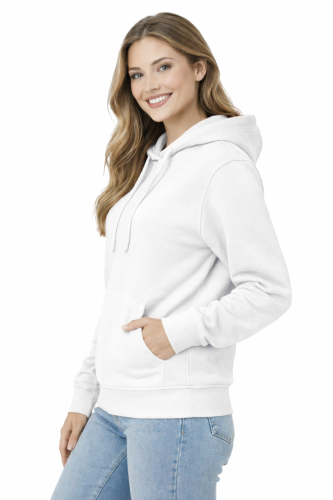 Bluza damska z kapturem kieszeniami biała widok z boku.png