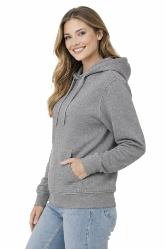 Bluza damska z kapturem kieszeniami szara widok z boku.png