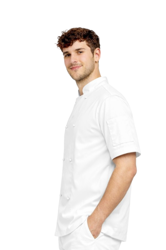 Biała bluza kucharska męska z krótkim rękawem zapinana na napy