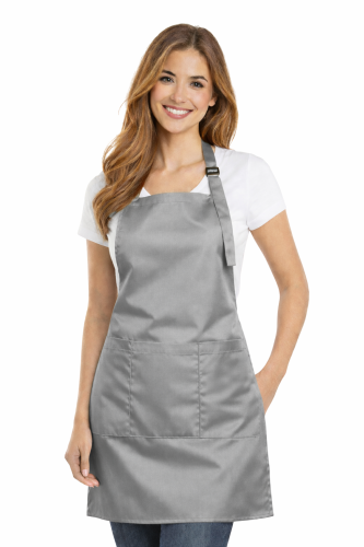 Fartuszek fryzjerski z kieszonkami wodoodporny z karczkiem i klamra do regulacji kolor szary.png