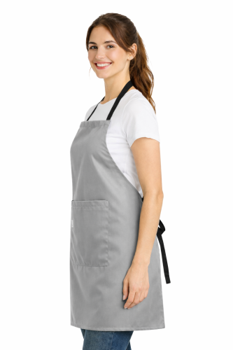 Fartuszek fryzjerski wiązany z tyłu szary widok z boku.png