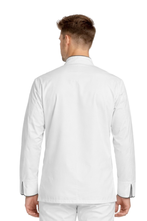 Męska bluza kucharska biała z lamówką,krótki rękaw – kitel gastronomiczny