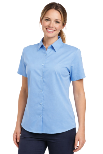 Koszula damska krótki rękaw zapinana na guziki niebieska.png