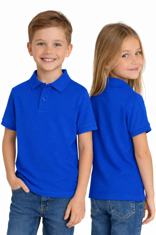Koszulka polo dziecięca dla chłopca i dziewczynki w wieku 3-14 lat chabrowa widok dzieci.png