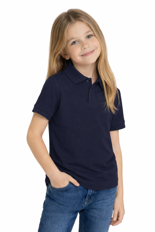 Koszulka polo dziecięca dla chłopca i dziewczynki w wieku 3-14 lat granatowa widok dziewczynki.png