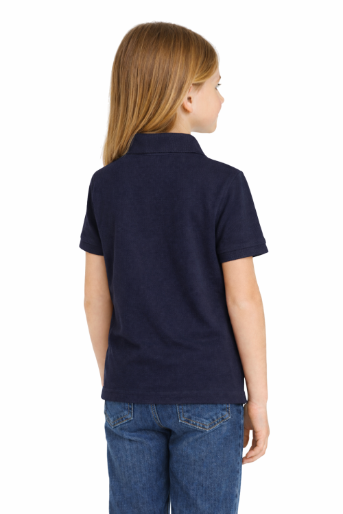 Koszulka polo dziecięca dla chłopca i dziewczynki w wieku 3-14 lat granatowa widok z tyłu dziewczynka.png
