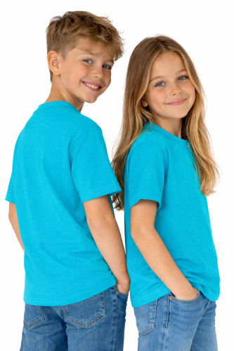 T-shirt dziecięcy dla chłopca i dziewczynki kolor turkus widok z boku.png