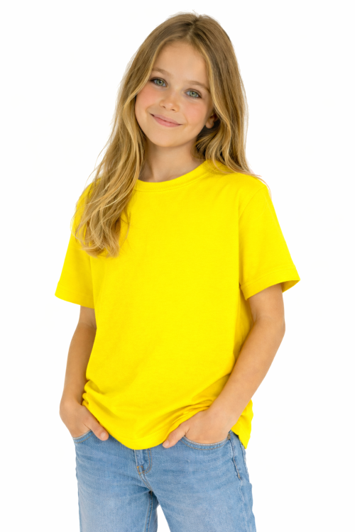 T-shirt dziecięcy dla chłopca i dziewczynki kolor żółty widok dziewczynki w t-shirt.png