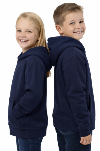 Bluza sportowa z kapturem i długim rękawem dziecięca dla chłopca i dziewczynki granatowa widok z boku.png