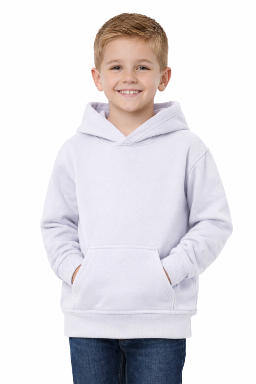 Bluza sportowa z kapturem i długim rękawem dziecięca dla chłopca i dziewczynki biała widok chłopca.png