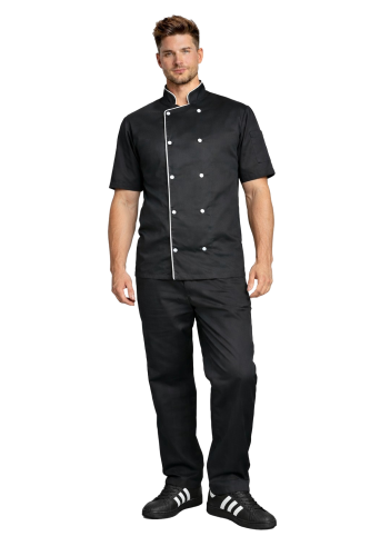 Profesjonalny męski  zestaw szefa kuchni – czarny z biała lamówką i krótkim rękawem