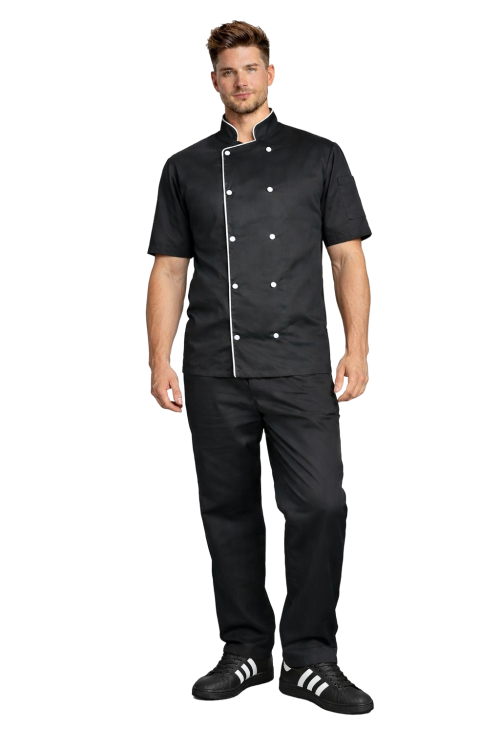 Profesjonalny męski  zestaw szefa kuchni – czarny z biała lamówką i krótkim rękawem