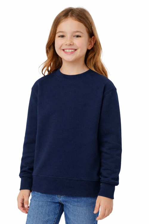 Bluza sportowa dziecięca wkładana przez głowę długi rękaw dla chłopca i dziewczynki granatowa widok dziewczynki.png