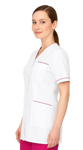 Damski żakiet kosmetyczny biały z amarantową lamówką