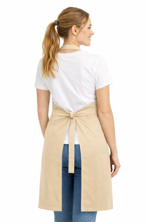 Fartuszek zapaska z karczkiem i kiesznią wiazany w pasie kolor beżowy widok z tyłu.png