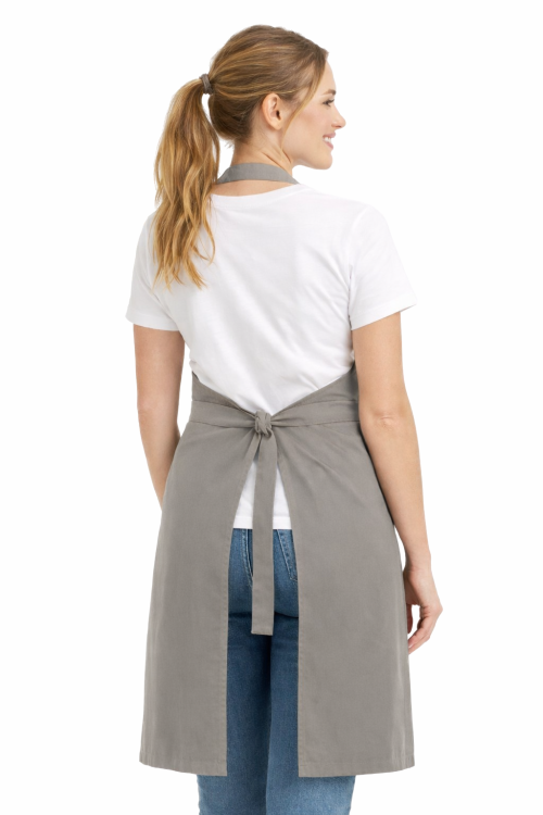 Fartuszek zapaska z karczkiem i kiesznią wiazany w pasie kolor szary widok z tyłu.png