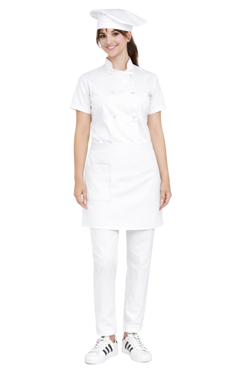 Zestaw kucharski damski biały z krótkim rękawem zapaską białą , uniform kucharski kompletny.png