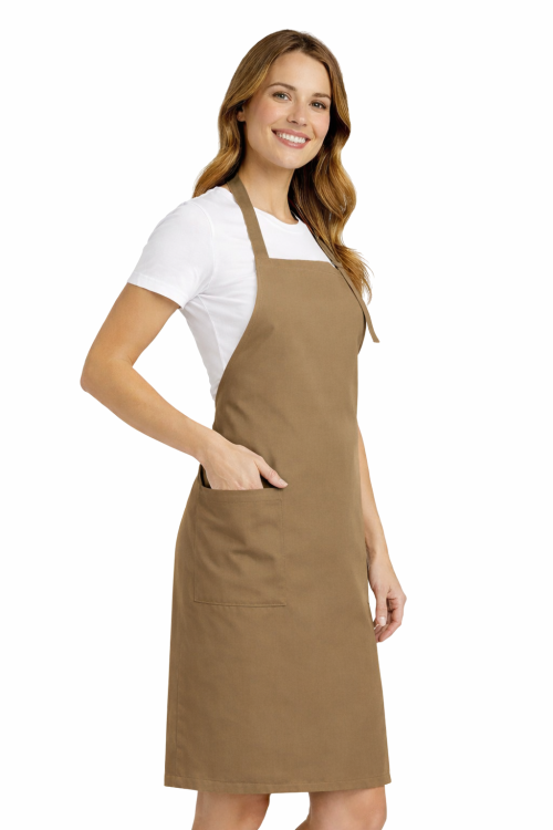 Profesjonalny fartuch gastronomiczny z kieszenią boczną regulowaną klamrą z karczkiem kolor beżowa widok z boku.png