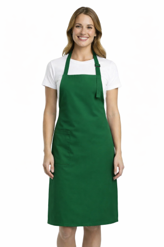 Profesjonalny fartuch gastronomiczny z kieszenią boczną regulowaną klamrą z karczkiem kolor zielony.png