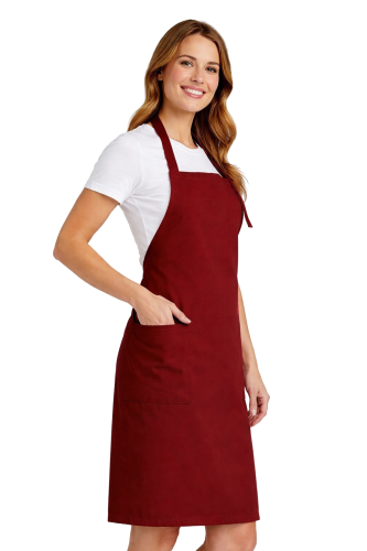 Profesjonalny fartuch gastronomiczny z kieszenią boczną regulowaną klamrą z karczkiem kolor bordowy widok z boku.png