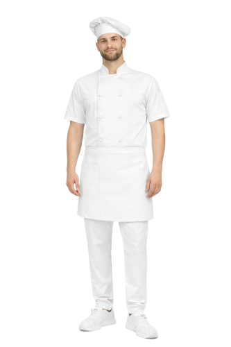 Zestaw kucharski z krótkim rękawem – uniform szefa kuchni ,biały z białą   zapaską