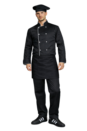 Gastronomiczny zestaw kucharza z długim rękawem  – uniform szkolny czarny  z białą  lamówką i czarną  zapaską.png