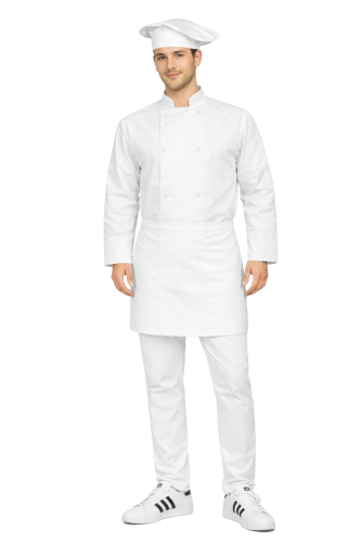 Zestaw kucharza  z długim rękawem– uniform szkolny biały z białą czapką oraz fartuszkiem