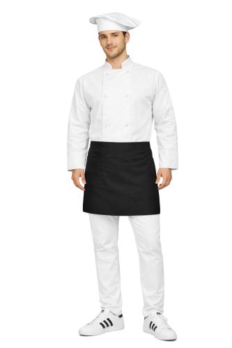 Zestaw kucharza  z długim rękawem– uniform szkolny biały z białą czapką oraz czarnym fartuszkiem.png