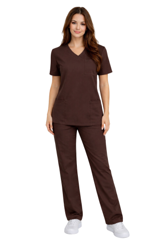 Damski komplet medyczny Casual  PREMIUM w kolorze czekoladowym  ,spodnie proste klasyczne