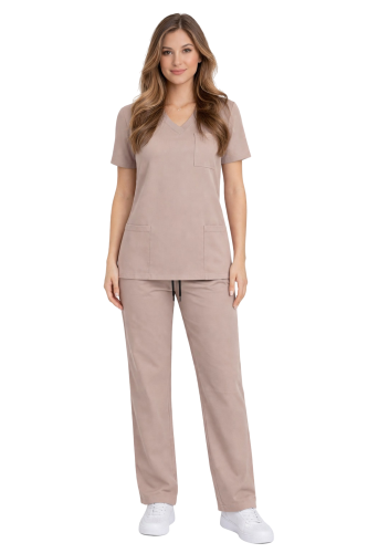 Damski komplet medyczny Casual  PREMIUM w kolorze beżowym ,spodnie proste klasyczne