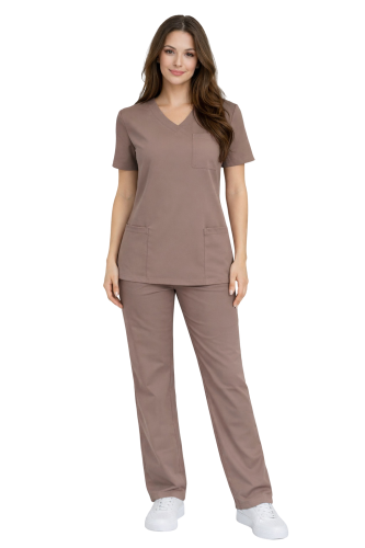 Damski komplet medyczny Casual  PREMIUM w kolorze cappucino ,spodnie proste klasyczne
