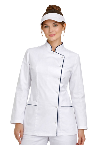 BLUZA KUCHARSKA NA ZATRZASKI Z GRANATOWĄ LAMÓWKĄ  I DŁUGIM RKEAWEM.png