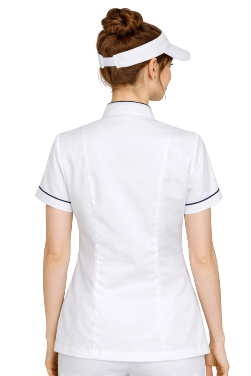 BLUZA KUCHARSKA NA ZATRZASKI Z GRANATOWĄ LAMÓWKĄ I KRÓTKIM RĘKAWEM.png