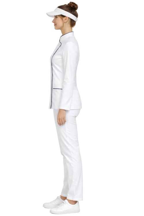 Uniform kucharski  zapinany na zatrzaski w kolorze białym z granatową lamówką i długim rękawem.png