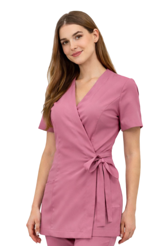 Brudny różowy żakiet kopertowy z krótkim rękawem