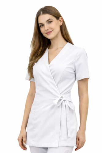 Biały żakiet kopertowy, tunika basic premium z krótkim rękawem.png