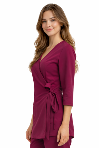 Damska tunika medyczna kopertówka  wiśnia 3/4 rękaw BASIC PREMIUM