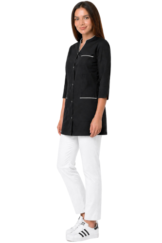 Zestaw  medyczny damski  rękaw 3/4 czarny żakiet   z białą  lamówką i białymi spodniami