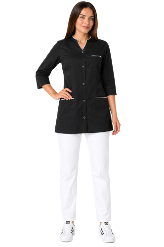 Komplet medyczny damski  rękaw 3/4 czarny żakiet   z białą  lamówką i białymi spodniami