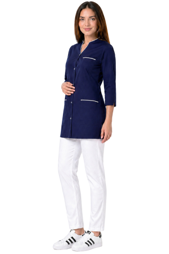 Zestaw  medyczny damski 3/4 rękaw granatowy żakiet  z białą lamówką i białymi spodniami